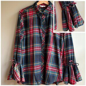 BEACH LUNCH LOUNGE Flannel Tartan Plaid Bell Sleeve Button Up LARGE Red Green